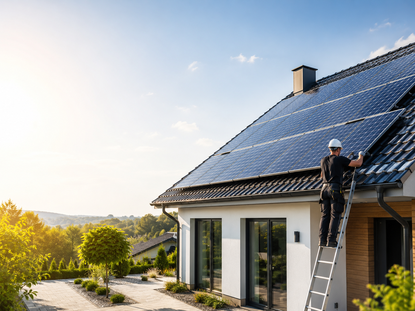 Photovoltaik-Anlage auf dem Dach eines modernen Wohngebäudes