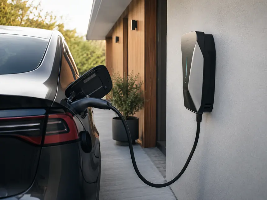 Wallbox an einem modernen privaten Stellplatz