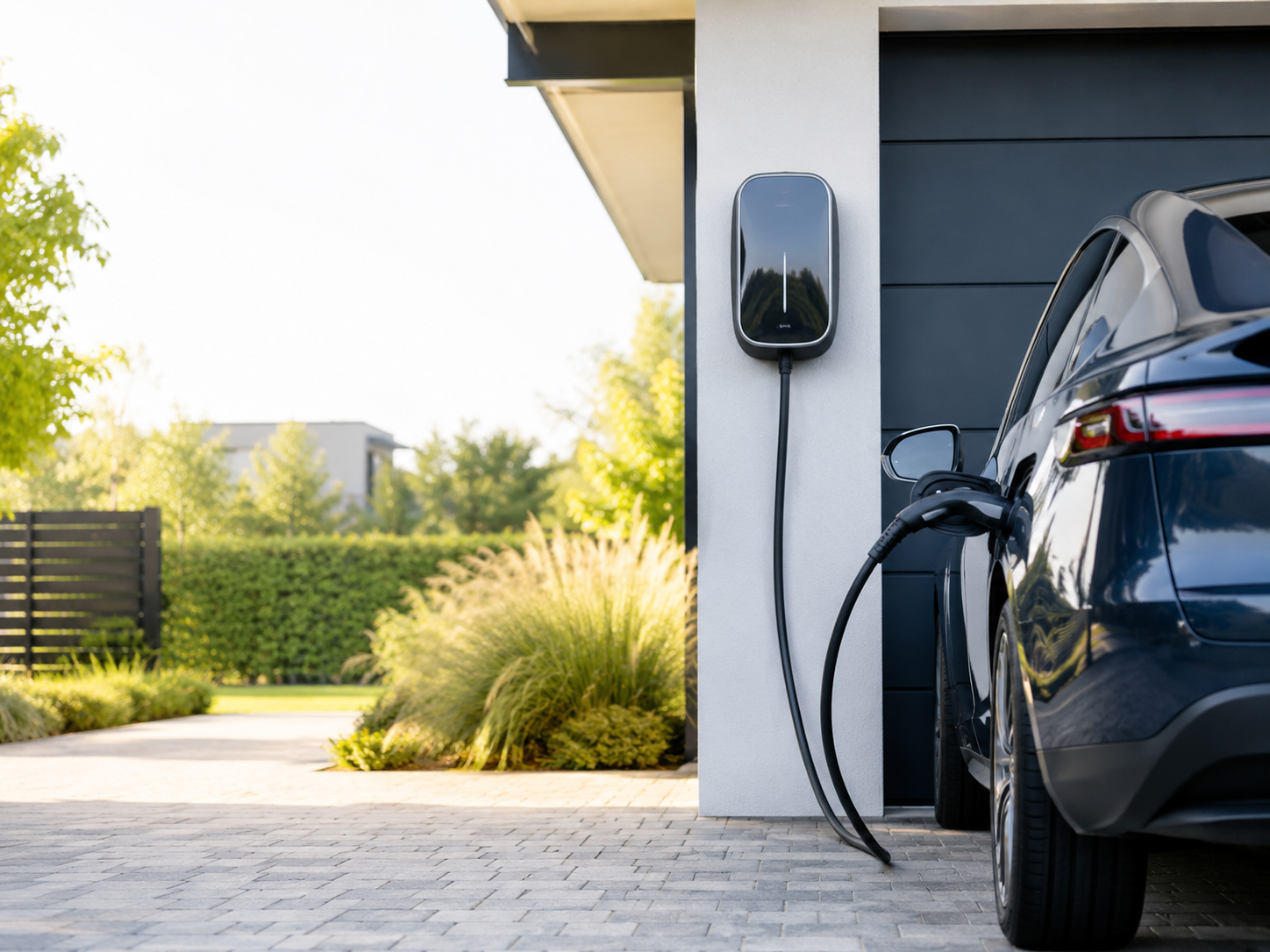 Elektroauto lädt an einer Wallbox in einer modernen Wohnanlage